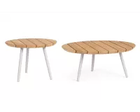 Zestaw 2 stolików na taras TALAIA Ø50 i Ø70 cm nogi malowane / blaty teak / nogi białe