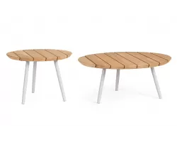 Zestaw 2 stolików na taras TALAIA Ø50 i Ø70 cm nogi malowane / blaty teak / nogi białe