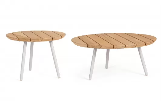 Zestaw 2 stolików na taras TALAIA Ø50 i Ø70 cm nogi malowane / blaty teak / nogi białe