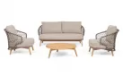 Beżowa sofa ogrodowa 2,5-osobowa EULARIA podstaw drewno teak / aluminium antracyt / beżowe poduszki Olefin
