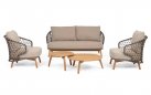 Beżowy fotel na taras EULARIA podstawa drewno teak / aluminium antracyt / beżowe poduszki Olefin