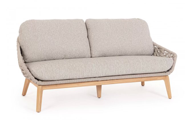 Sofa ogrodowa TAMIRES podstawa teak / siedzenie lina polipropylenowa beżowa / poduszki szarobezowe Olefin