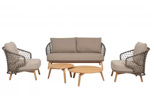 Beżowa sofa ogrodowa 2,5-osobowa EULARIA podstaw drewno teak / aluminium antracyt / beżowe poduszki Olefin