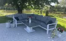 Biały luksusowy narożnik aluminiowy TIMBER z podnoszonym stolikiem z blatem kamiennym