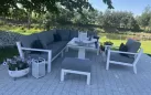Biały luksusowy narożnik aluminiowy TIMBER z podnoszonym stolikiem z blatem kamiennym
