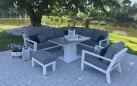 Biały luksusowy narożnik aluminiowy TIMBER z podnoszonym stolikiem z blatem kamiennym