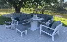 Biały luksusowy narożnik aluminiowy TIMBER z podnoszonym stolikiem z blatem kamiennym