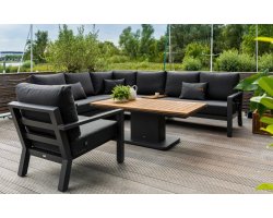Narożnik ogrodowy aluminiowy grafitowy TIMBER ze stolikiem z blatem teak