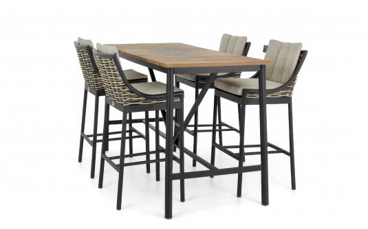 Zestaw barowy ogrodowy MILOU czarny aluminiowy / technorattan / drewno teak dla 4 osób 