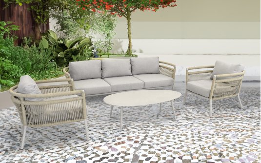LINDO zestaw ogrodowy wypoczynkowy – sofa 3‑osobowa, fotele, stolik, aluminium beżowyWN / OHIO Stoli