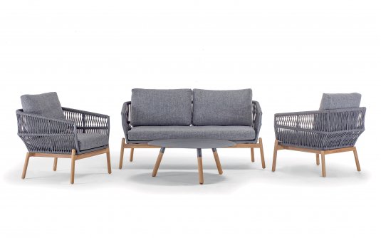 Zestaw ogrodowy ALICANTE sofa 2‑osobowa 2 fotele stolik teak aluminium lina Olefin antracyt 