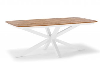 Stół ogrodowy CROSS o krzyżowej podstawie białej aluminiowej z blatem teak