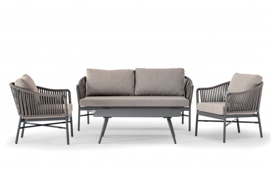 Zestaw wypoczynkowy na taras ogrodowy aluminiowy z sofą dwuosobową fotelami stolikiem Monaco taupe Zestaw wypoczynkowy na taras ogrodowy aluminiowy z sofą dwuosobową fotelami stolikiem Monaco taupe
