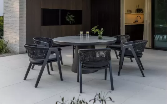 Meble ogrodowe stołowe aluminiowe grafitowe z okrągłym stołem 150 cm i 6 krzesłami algarve