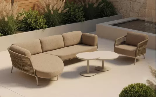 Luksusowa jasnobeżowa sofa ogrodowa z szezlongiem narożnik ginora