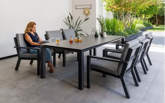 Sześcioosobowy zestaw stołowy ogrodowy aluminiowy grafitowy z ceramicznym blatem TIMBER 