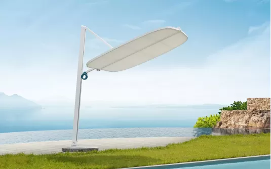 Biały designerski parasol z podstawą granitową okrągłą tekno higold