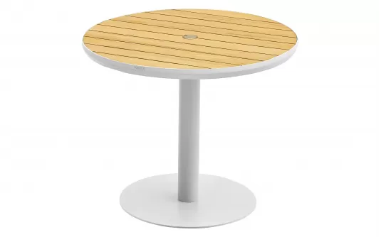 Okrągły stół ogrodowy 90 cm 1 noga biała aluminiowa blat teak BALI Higold Okrągły stół ogrodowy 90 cm 1 noga biała aluminiowa blat teak BALI Higold