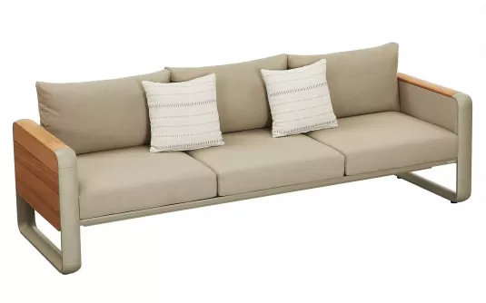 Sofa ogrodowa trzyosobowa szeroka aluminiowa beżowa z elementami teak nottingham higold Sofa ogrodowa trzyosobowa szeroka aluminiowa beżowa z elementami teak nottingham higold