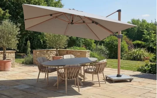 Parasol ogrodowy noga boczna efekt drewna 3x3 m | poszycie Spuncrylic jasnoszare