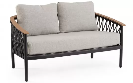 Sofa ogrodowa dwuosobowa aluminiowa grafitowa z podłokietnikami tikk i liną rope fenix