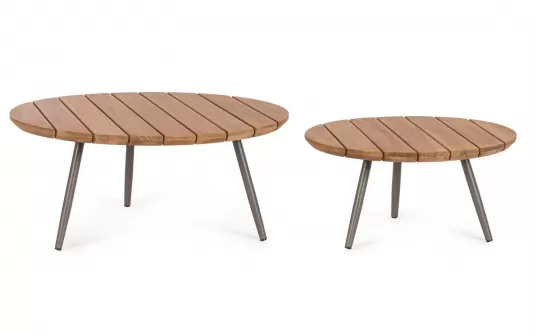 Komplet 2 stolików okrągłych ogrodowych kawowych z blatami z desek teak corbetta bizzotto d60 i 80 cm Komplet 2 stolików okrągłych ogrodowych kawowych z blatami z desek teak corbetta bizzotto d60 i 80 cm