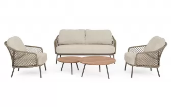 Luksusowy zestaw premium wypoczynkowy ogrodowe na taras z grubymi poduszkami beżowy sofa 2 fotele i zestaw 2 stolików corbetta bizzotto