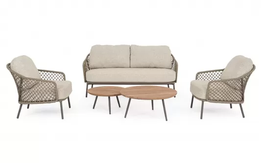 Luksusowy zestaw premium wypoczynkowy ogrodowe na taras z grubymi poduszkami beżowy sofa 2 fotele i zestaw 2 stolików corbetta bizzotto Luksusowy zestaw premium wypoczynkowy ogrodowe na taras z grubymi poduszkami beżowy sofa 2 fotele i zestaw 2 stolików corbetta bizzotto