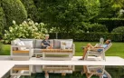 Nowoczesny aluminiowy beżowy narożnik ogrodowy z elementami drewna teak himalaja life