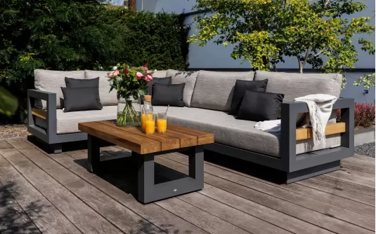 Nowoczesny aluminiowy grafitowy narożnik ogrodowy z elementami drewna teak himalaja life Nowoczesny aluminiowy grafitowy narożnik ogrodowy z elementami drewna teak himalaja life
